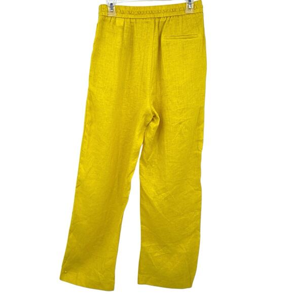New Zara 100% Linen Yellow‎ Elastic Waist Tie Wide Leg Summer Pants Medium - Picture 3 of 7
